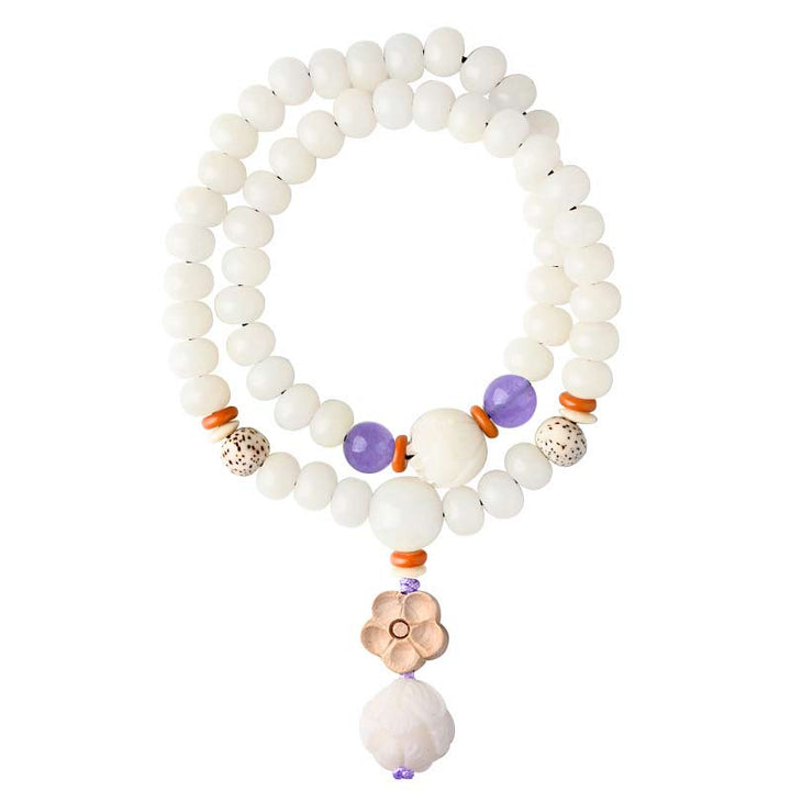 Armband Weiße Jade Bodhi Lotus mit lila Amethyst Perlen Segen