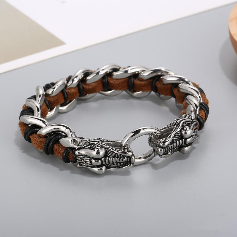 Armband Drachen mit Lederband und silbernen Verschlüssen elegant.