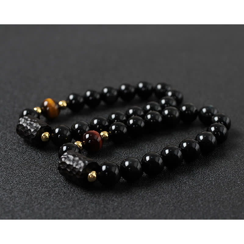 Armband Schwarzer Obsidian Tigerauge Paar – Stärke mit goldenen Akzenten