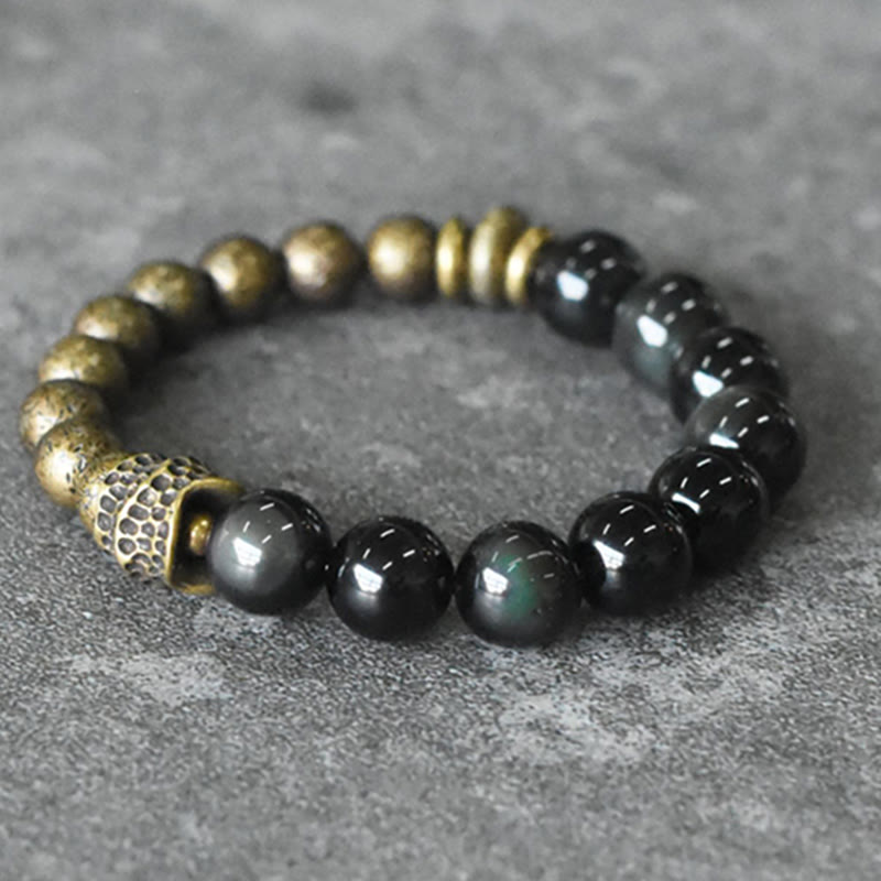 Armband Obsidian Kupfer – Energie schwarze Perlen goldene Akzente elegant