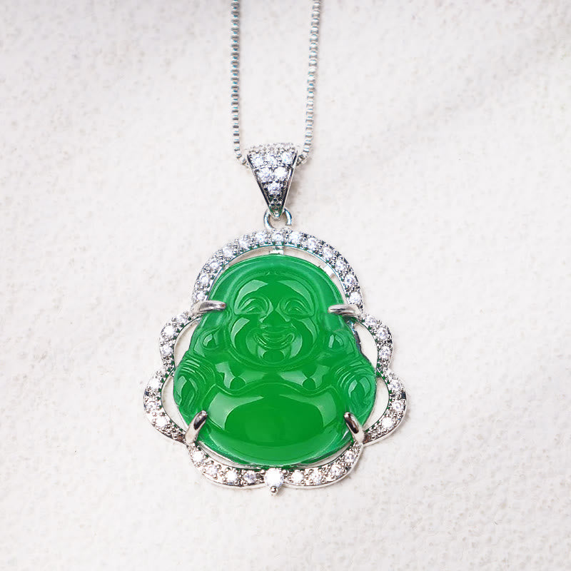 Anhänger Jade Buddha grüner Stein silberne Fassung Halskette Schmuck