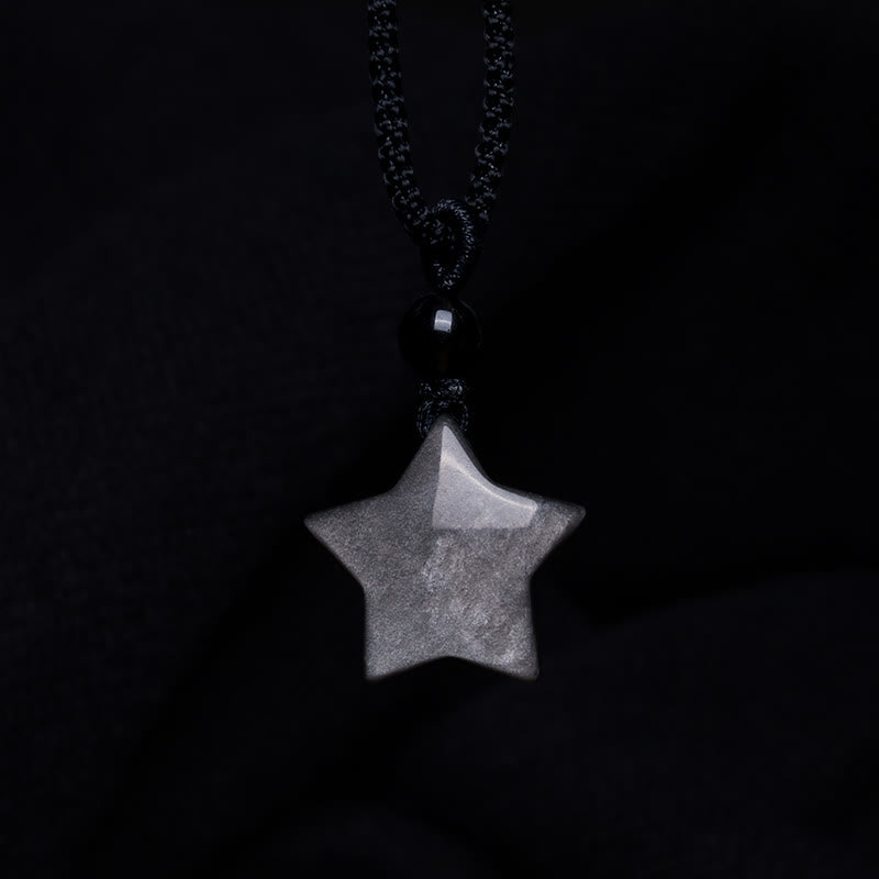 Obsidian Silberglanz Stern Kette Naturstein Anhänger schwarz