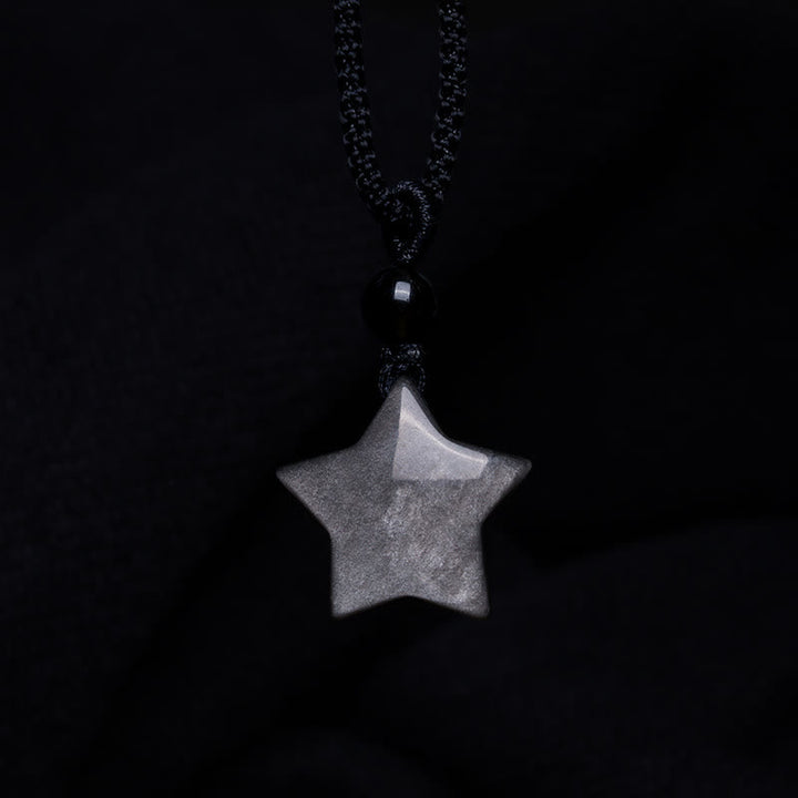 Obsidian Silberglanz Stern Kette Naturstein Anhänger schwarz
