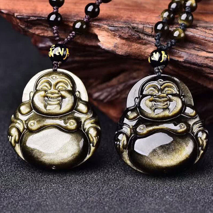 Kette Obsidian Lachender Buddha Wohlstand Goldglanz Anhänger