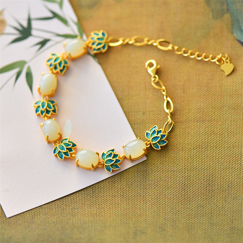 Armband Weiße Jade Cyan Jade Lotus Schutz goldene Kette elegant