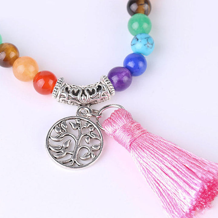 Mala Kristall – Heilung Energie Armband mit bunten Chakra Steinen Quaste.