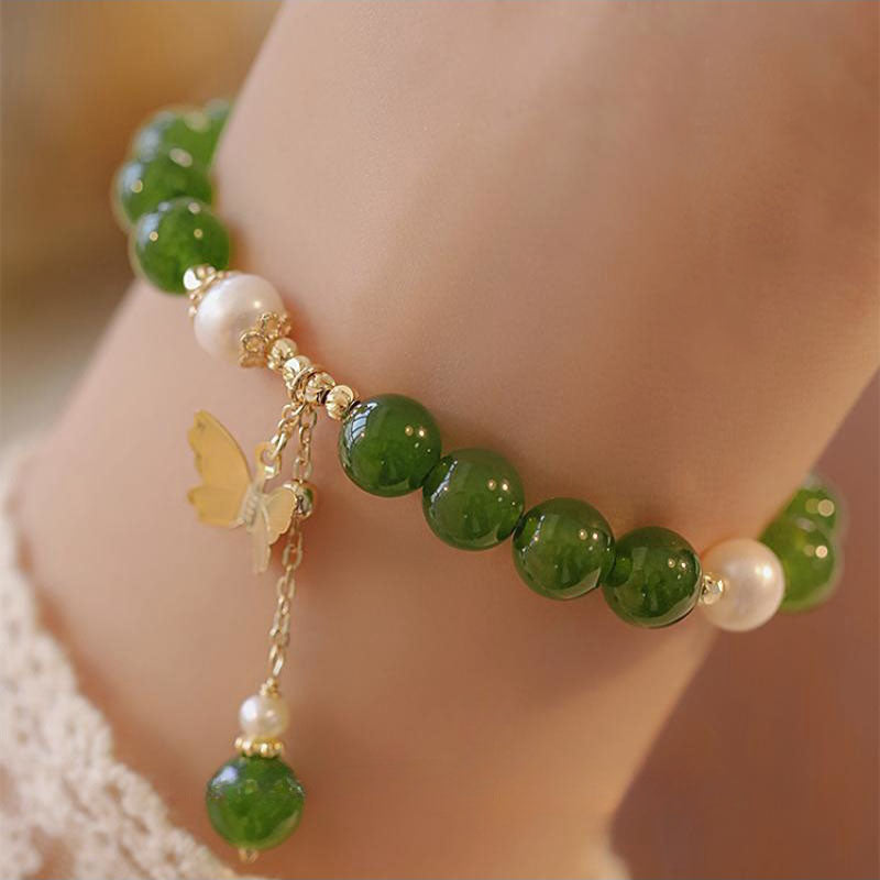 Armband Perle Schmetterling grüne Jade Naturstein elegante Handgelenk Schmuck