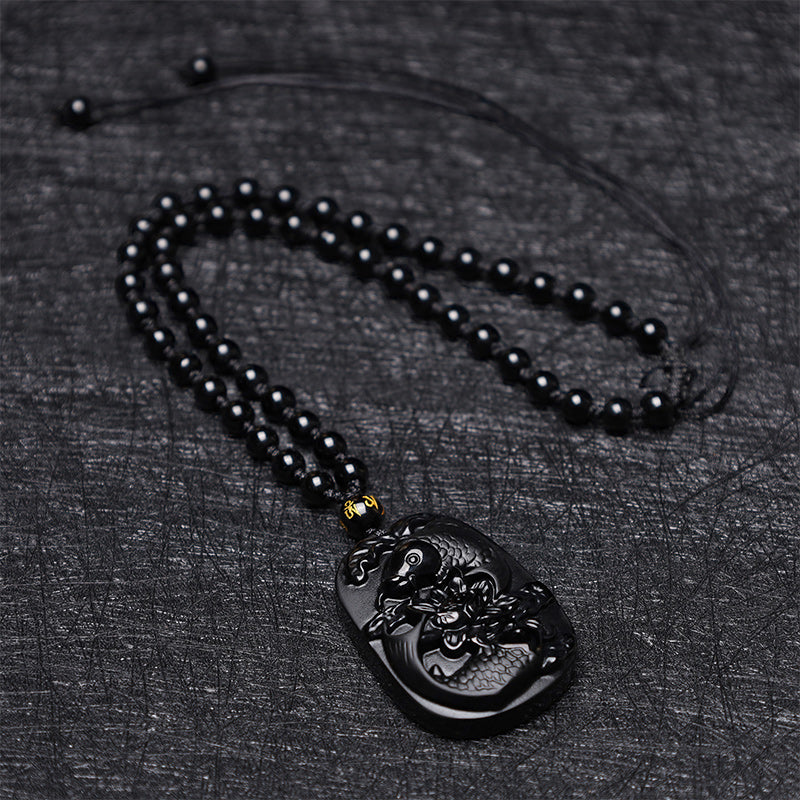 Schwarze Obsidian Kette Koi Lotus Natur