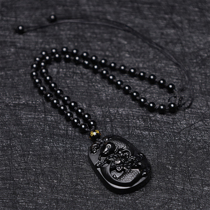 Schwarze Obsidian Kette Koi Lotus Natur