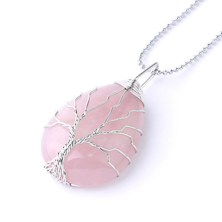 Kette Quarz Lebensbaum Anhänger rosa Naturstein Heilung Harmonie Silber