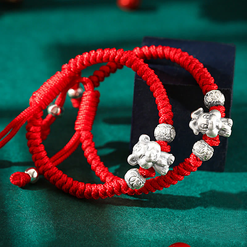Rotes Armband 925 Silber Chinesisches Tierkreis Elefant Glück elastisch.