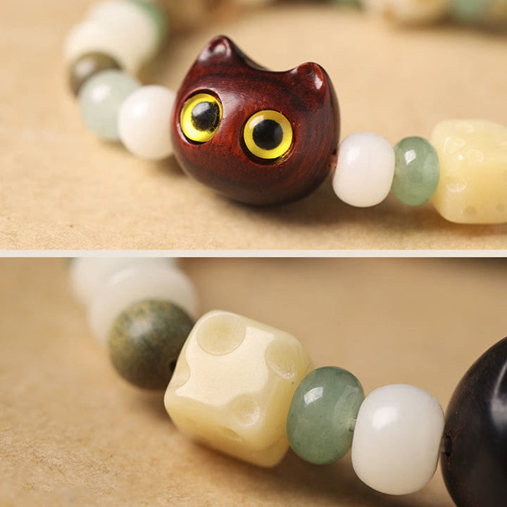 Sandelholz Bodhi Katze Armband mit Natursteinen elastisch Frieden