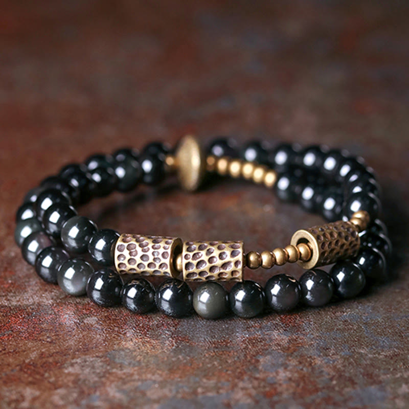 Schwarzes Obsidian Armband Kupfer mit eleganten Metallperlen Liebe