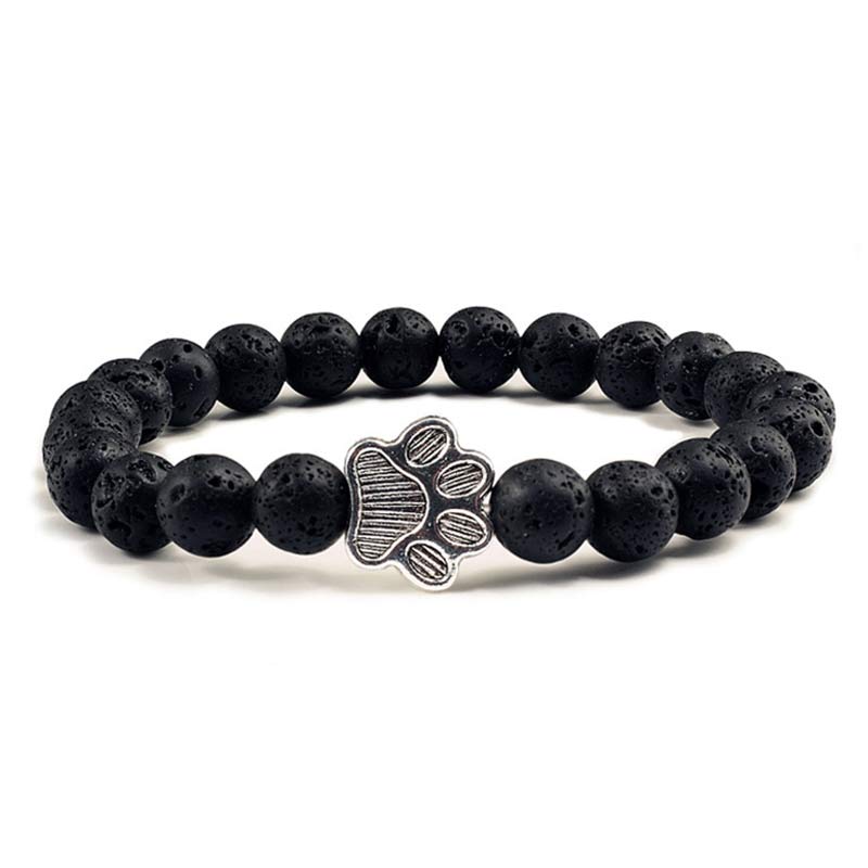 Schwarzes Lava-Stein Armband Hund Charm Naturstein elastisch.