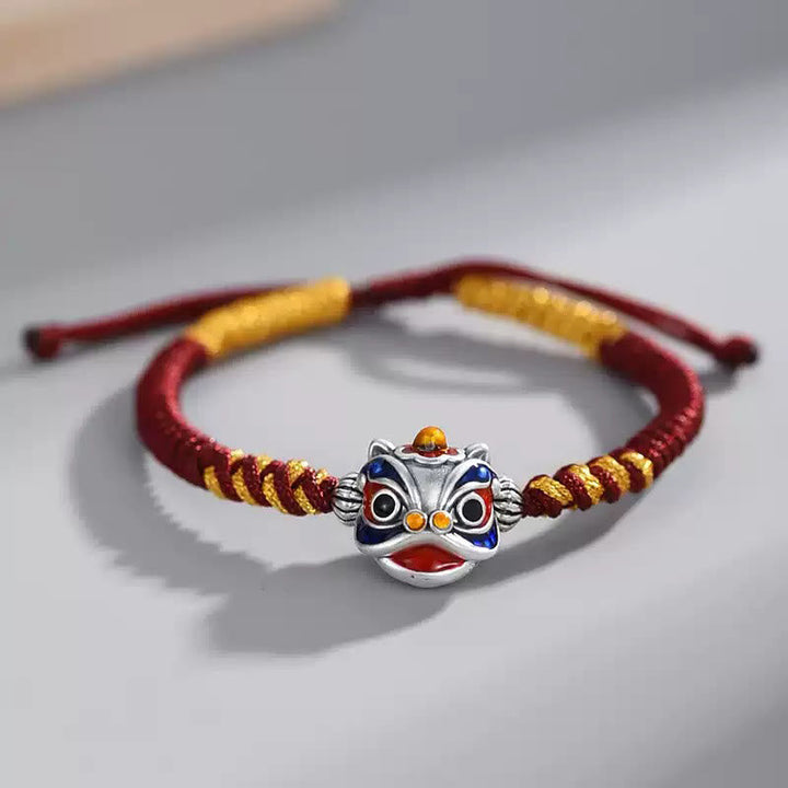 Armband Tanzendes Löwe Glück Geflochten – Glück rotes goldenes Band Silber