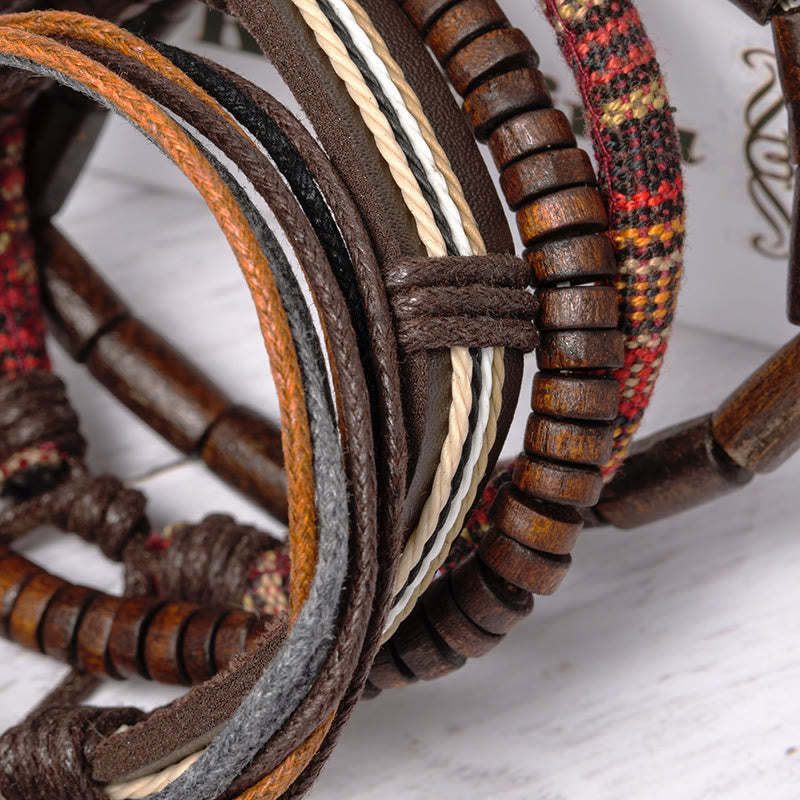 Wickelarmband Leder Holzperlen Hanfband Vintage Style