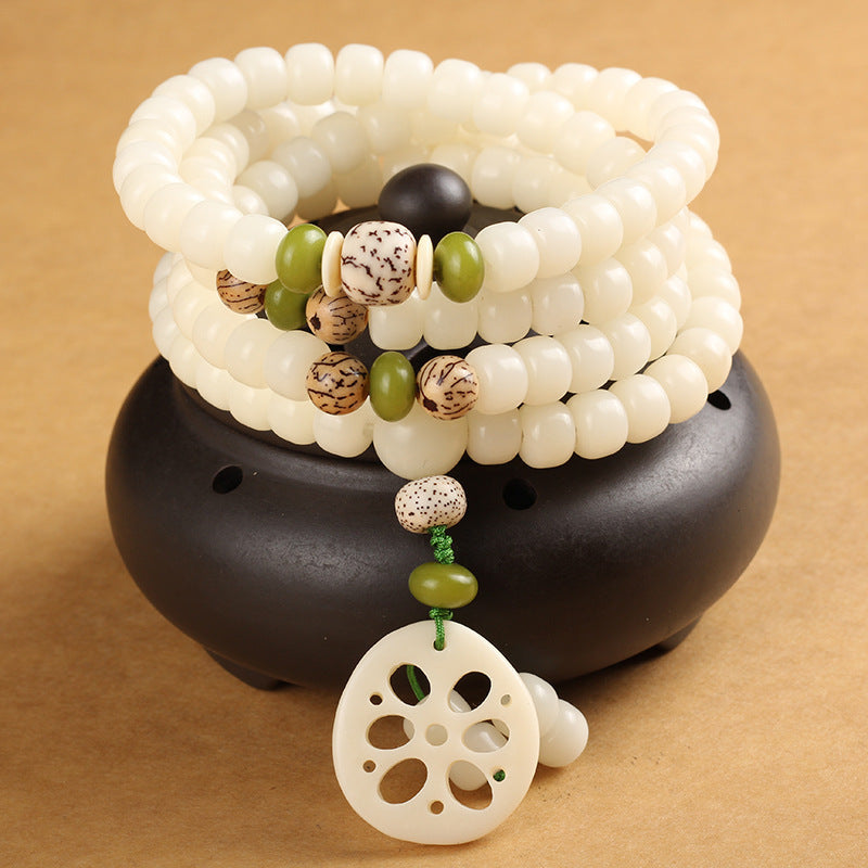 Weiße Jade Mala 108 Perlen Bodhi Armband mit grünen Akzenten Glück
