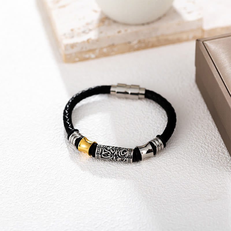 Schwarzes Lederarmband Tang Dynastie Blume Glück elegant gestylt.