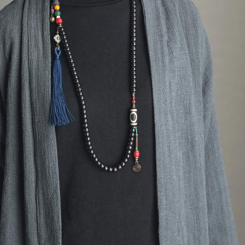 Mala Kupfer Ebenholz Balance schwarze Perlen Quaste Boho Stil
