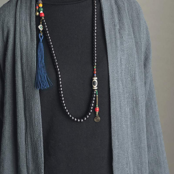 Mala Kupfer Ebenholz Balance schwarze Perlen Quaste Boho Stil