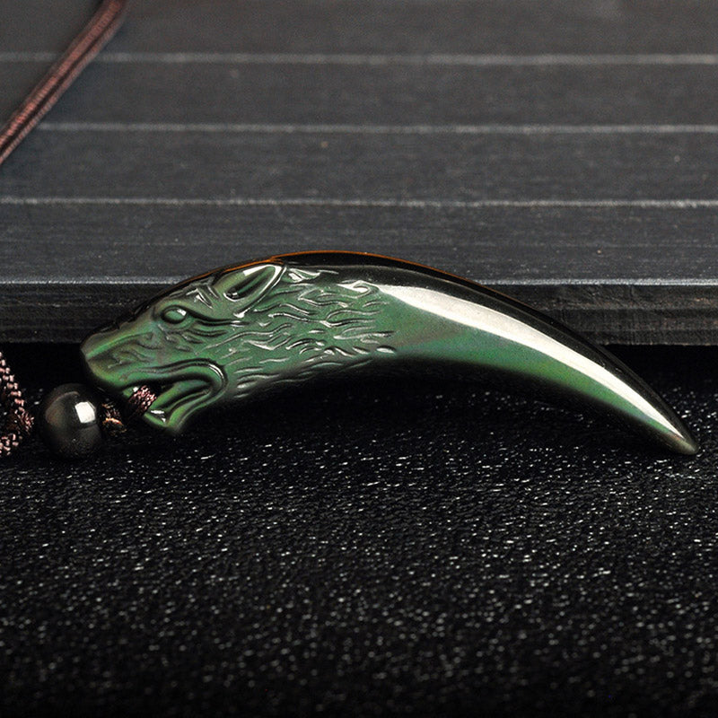 Obsidian Anhänger Kette Wolf Wolfszahn Naturstein Stärke