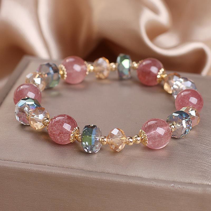 Armband Erdbeerquarz Kristall rosé Perlen gold Glasperlen elegant
