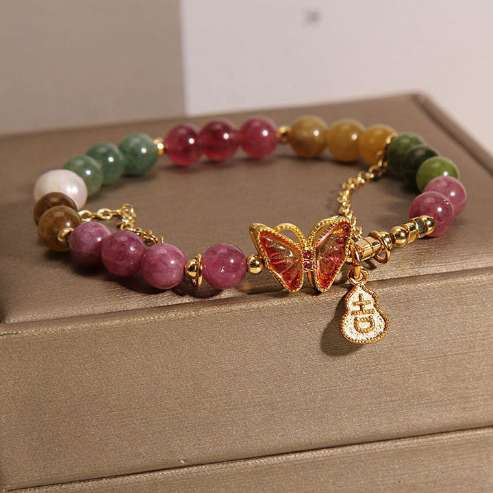Armband Schmetterling – Energie mehrfarbige Natursteine gold Schmetterlingsanhänger