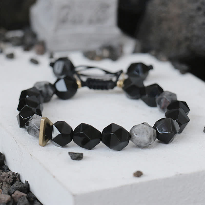 Armband Schwarzer Obsidian mit Facetten und Naturstein Perlen elastisch