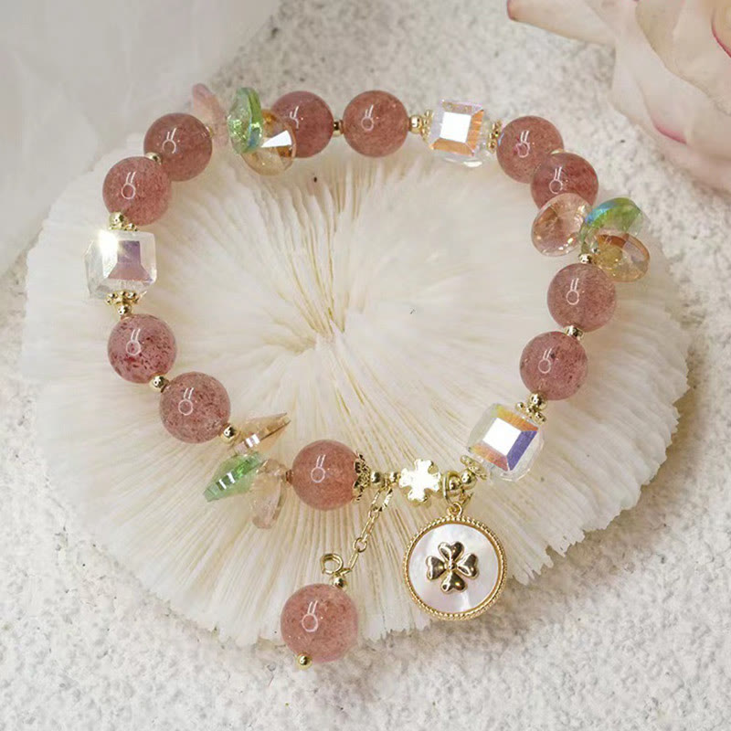 Armband Erdbeerquarz Kleeblatt Glück Heilung rosé Naturstein elegant.