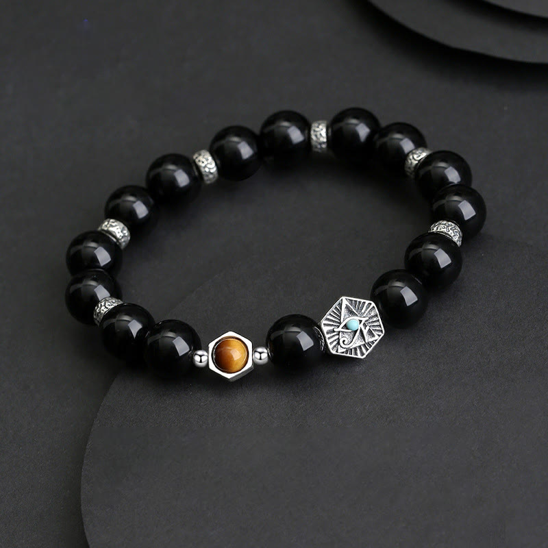 Schwarzes Obsidian Armband 925 Silber mit braunem Auge Stein elegant.