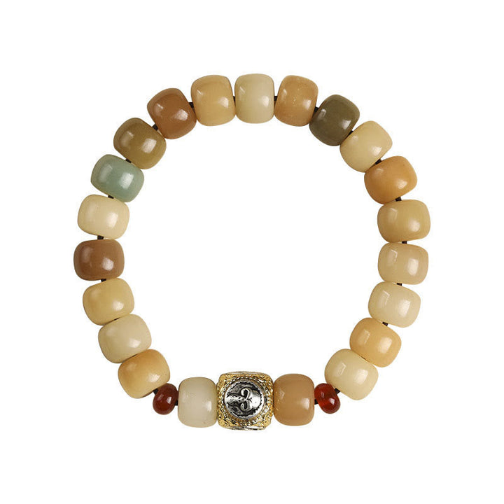 Bodhi-Armband mit Om-Symbol, Natursteinen in Beige- und Brauntönen, elastisch.