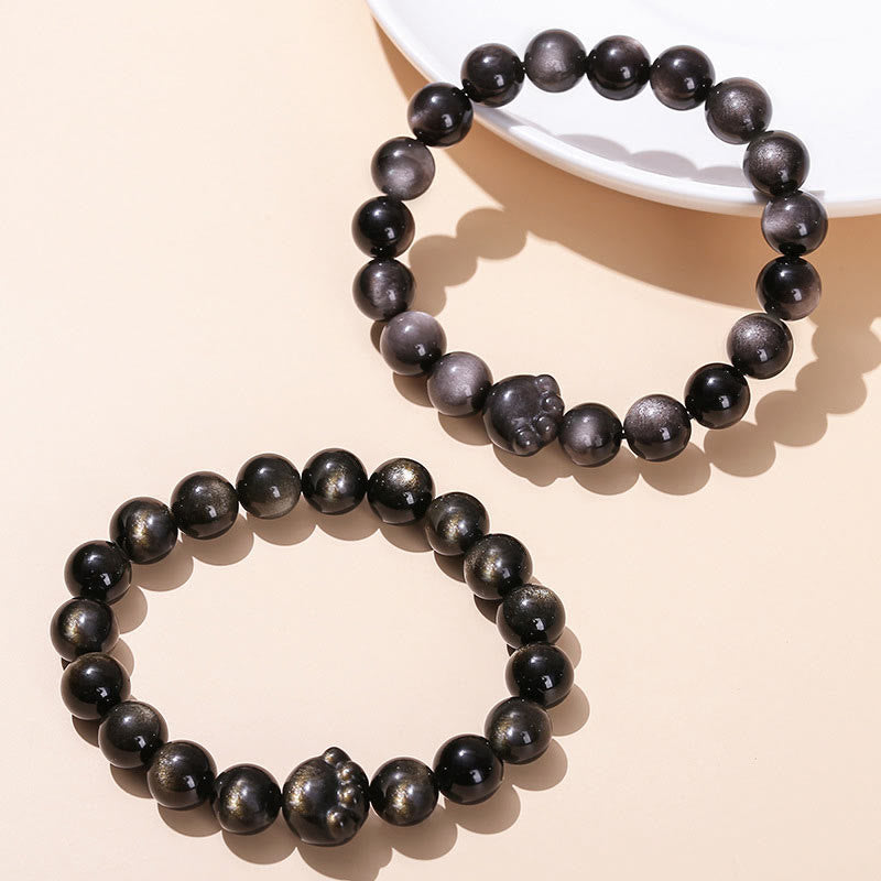 Schwarzes Obsidian Armband Silber Katze elastisch Naturstein Wohlstand elegant
