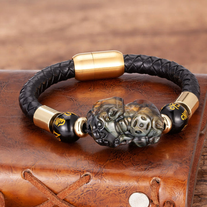 Schwarzes Leder Pixiu Armband mit Tigerauge Steinen vergoldet