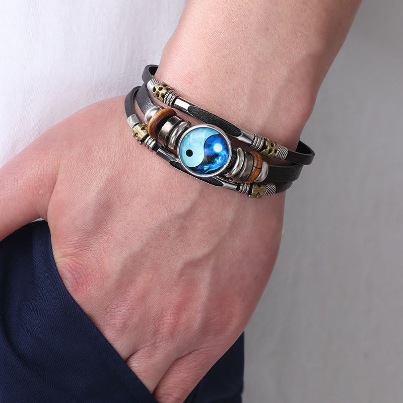 Armband Yin Yang Balance Energie schwarzes Leder Naturstein blau