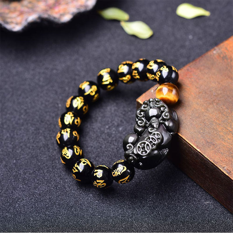 Armband Obsidian Pixiu mit Tigerauge Perlen elastisch schwarz gold