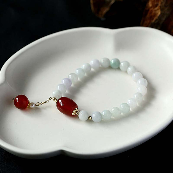 Armband Weiße Jade Achat mit roten Perlen Schutz Naturstein.