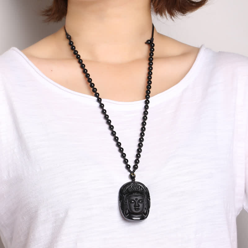 Anhänger Kette schwarze Obsidian Avalokitesvara Buddha Perlenkette