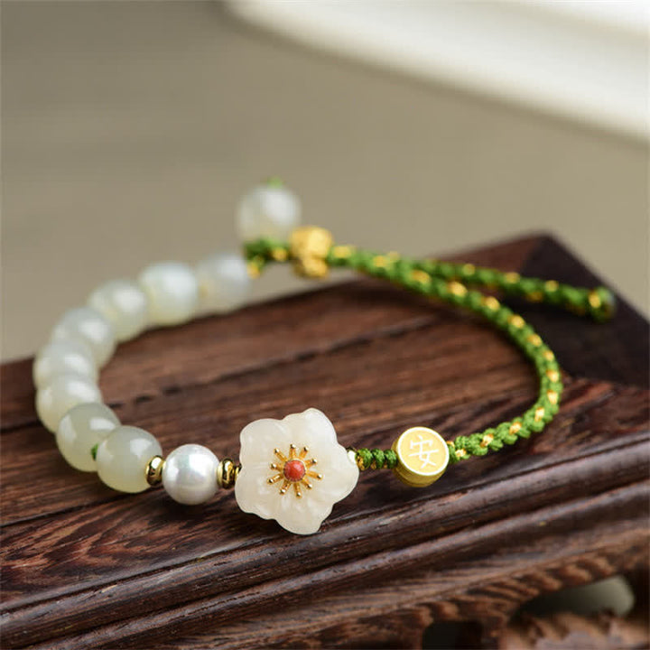 Armband 925 Silber Jade Pfirsichblüte – Glück weiße Perlen elastisch