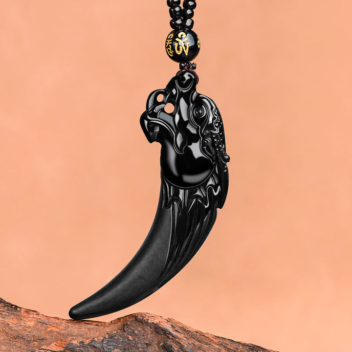 Kette schwarze Jade Drachen Fangzahn Obsidian Schutzamulett