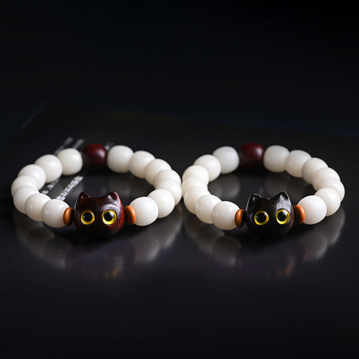 Armband Sandelholz Bodhi Katze Glück weiße Perlen elastisch Schmuck.