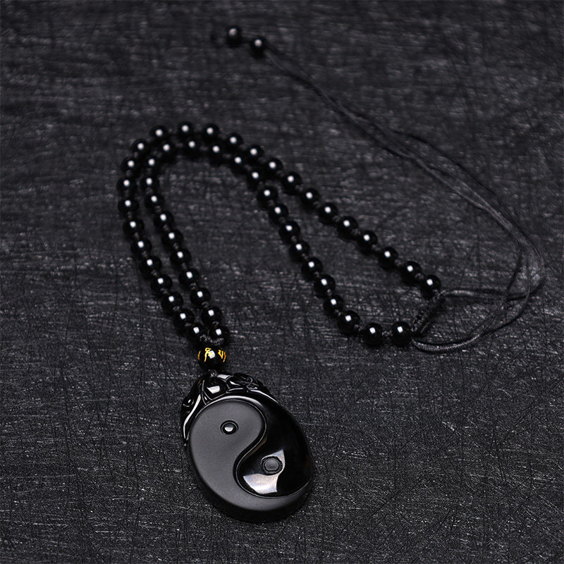 Anhänger Obsidian Yin Yang Kette schwarzer Naturstein Perlen Anhänger