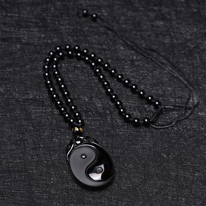 Anhänger Obsidian Yin Yang Kette schwarzer Naturstein Perlen Anhänger