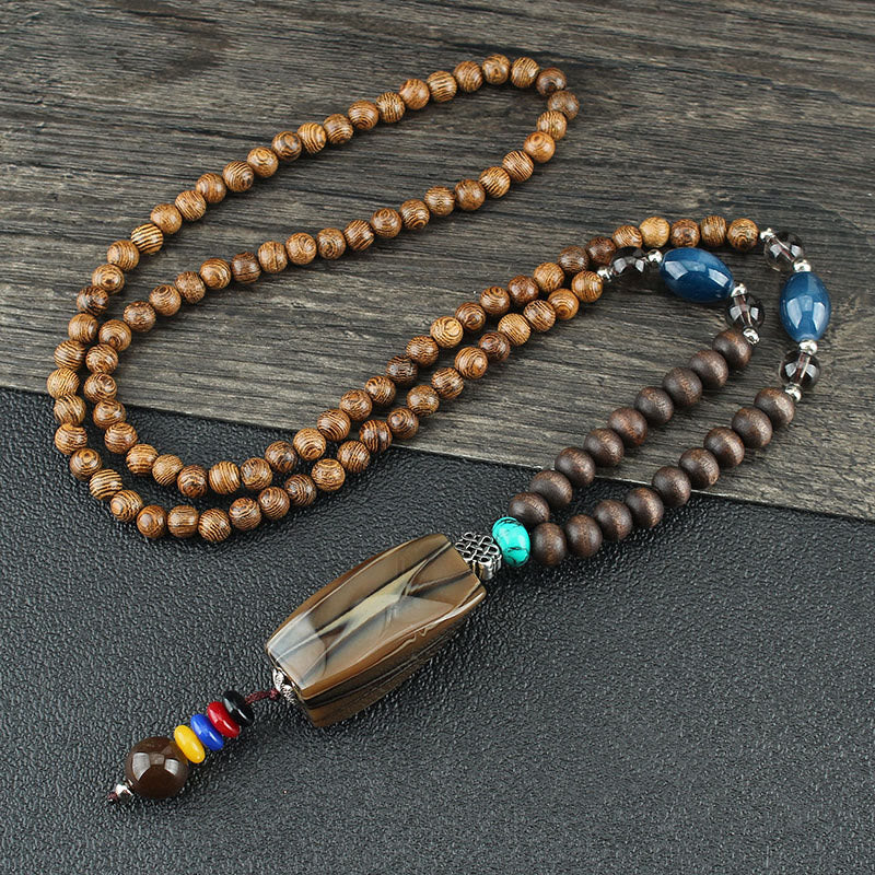 Anhänger Kette Tibetischer Bodhi Achat Harmonie Holzperlen