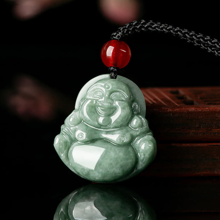 Jade Kette Lachender Buddha Anhänger grüner Naturstein Glücksbringer