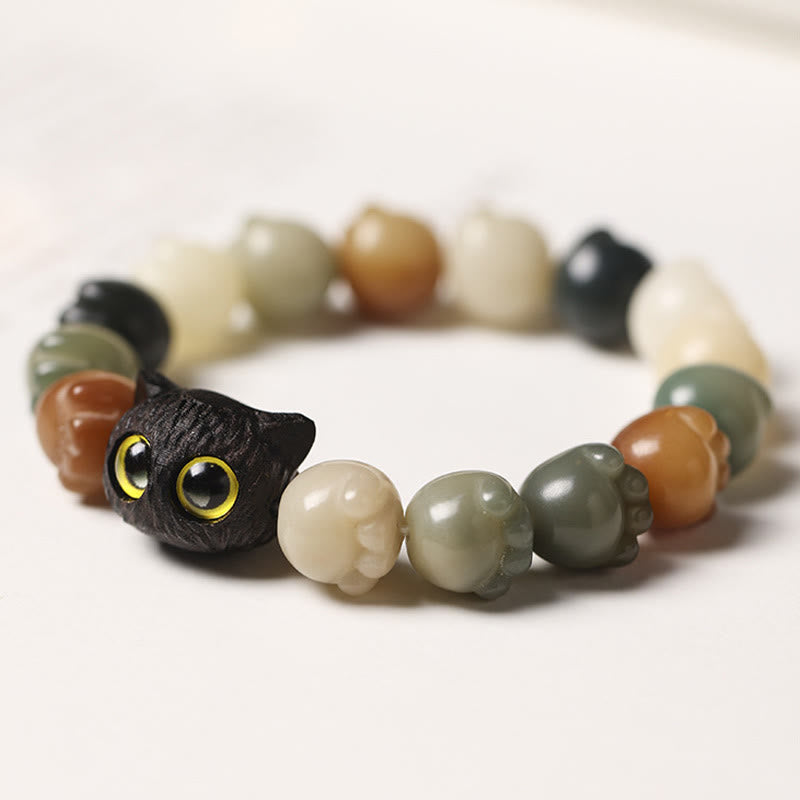 Armband Bodhi Ebenholz Katze mit Perlen Glück Liebe elastisch getragen