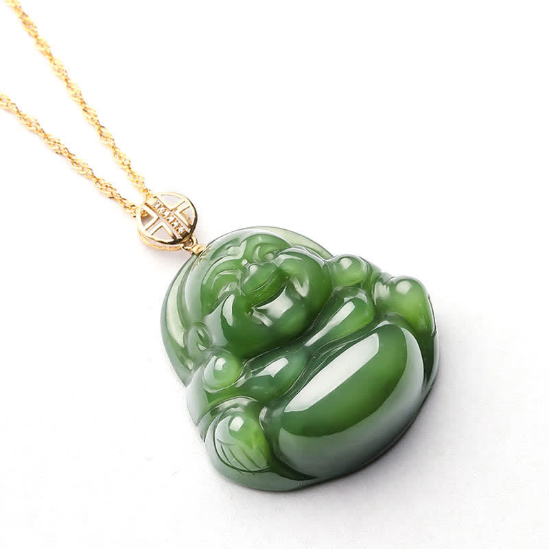 Jade Kette Lachender Buddha Gold Anhänger