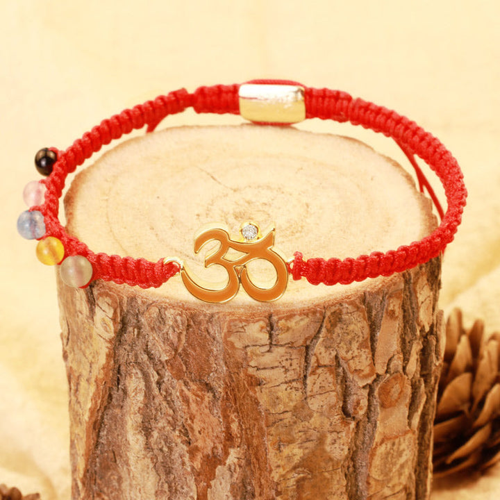 Armband Tibet OM Mindfulness rotes Schnur elastisch Naturstein Perlen
