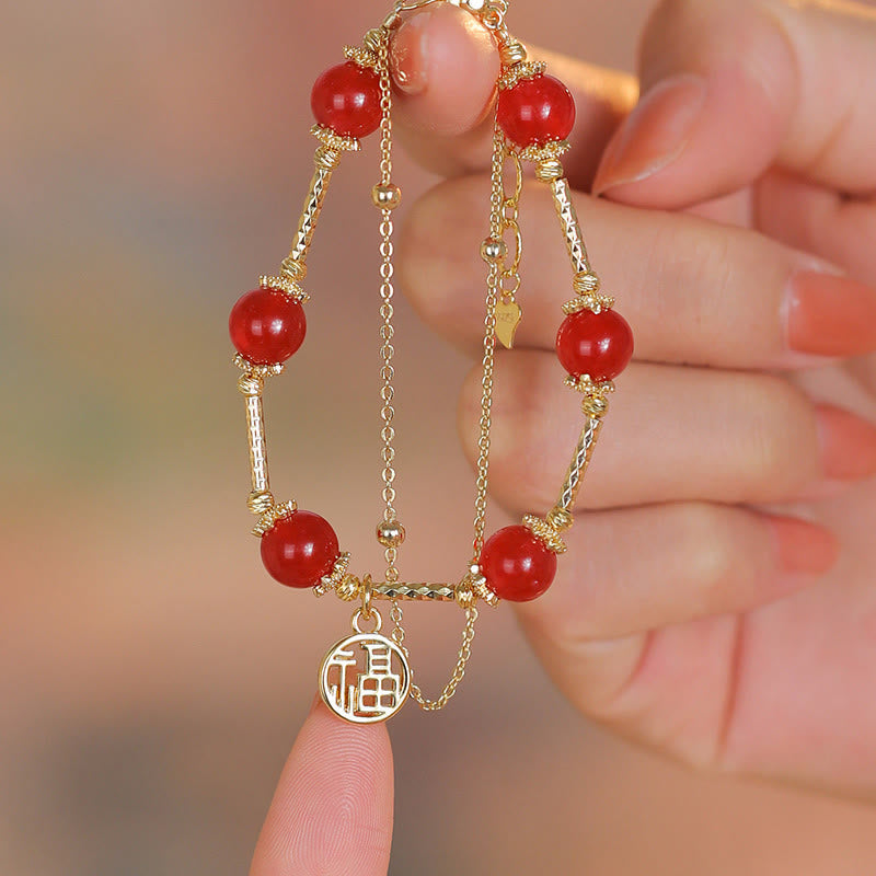 Armband Roter Achat Fu-Zeichen goldene Kette Hand elegant