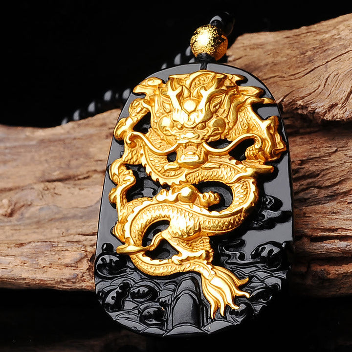 Obsidian Kette Drachen Anhänger Gold schwarzer Naturstein Schmuck
