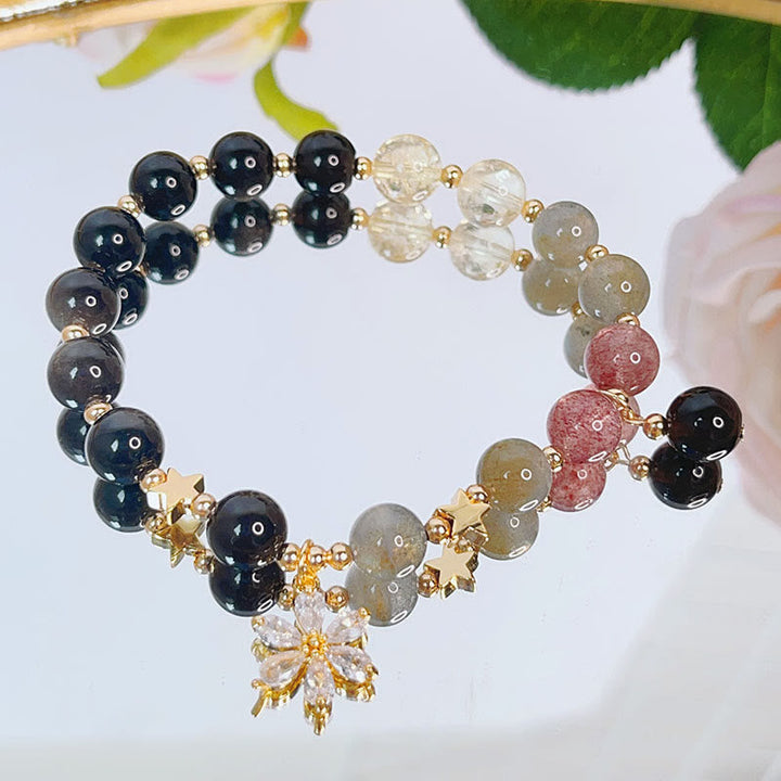 Armband Silber Obsidian Stern Schutz Liebe elegantes Perlenarmband golden verziert